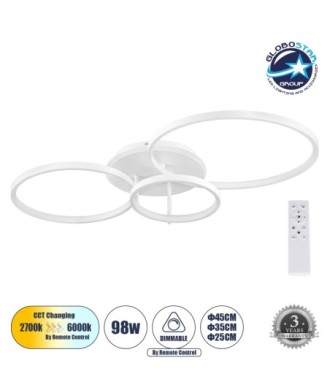 GLOBOSTAR® NEMESIS 61109 Μοντέρνο Φωτιστικό Οροφής LED 98W 11858lm 360° AC 220-240V IP20 Ρυθμιζόμενο Λευκό CCT με Χειριστήριο από 2700K έως 6000K Dimmable - Lumileds SMD Chip - Λευκό Ματ - Μ89 x Π60 x Υ19cm - 3 Χρόνια Εγγύηση